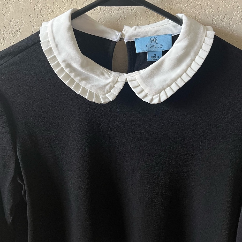 CeCe Women’s Black Long Sleeve Top White Peter Pan Collar Contrast Cuffs Size M - Picture 3 of 7